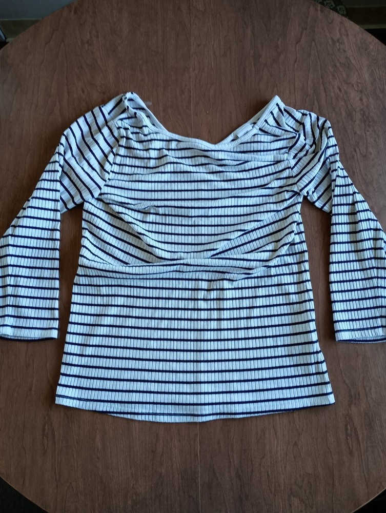 H&M Women's White With Black Stripes 3/4 Sleeve Shirt Top Size Large