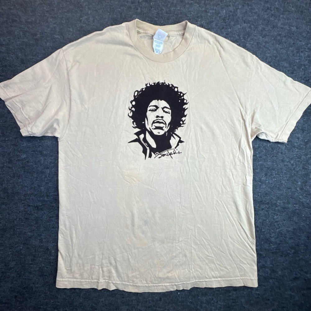 Y2K Jimi Hendrix Graphic T-Shirt Mens XL Tan 2004 Vintage Portrait Rock Tee