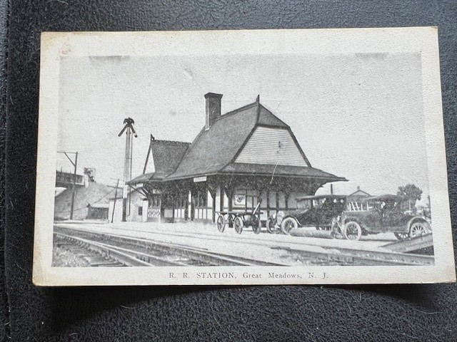 Divided Circa 1908 Great Meadows NJ Railroad Black and White Postcard Cars