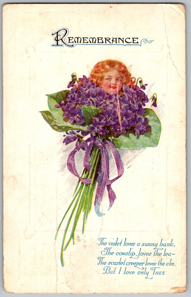 Antique Postcard Violets Bouquet Girl 1910s