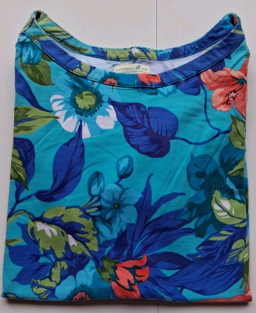 Caribbean Joe Women's XL Shirt Multicolor Floral Short Sleeve Boat Neck Top