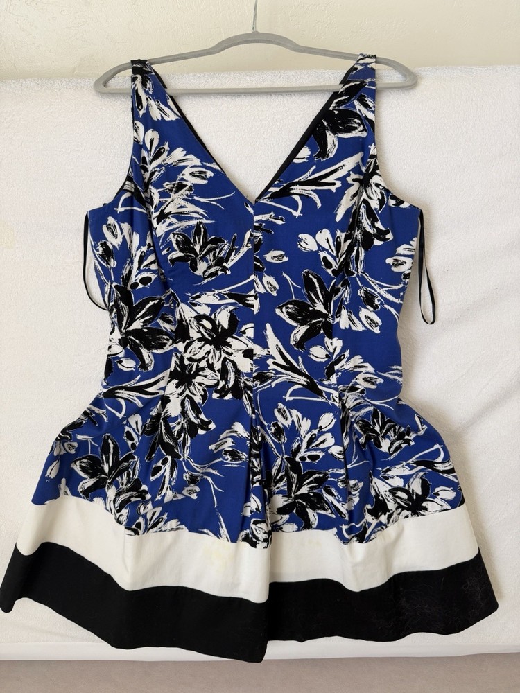 Lauren Ralph Lauren Dress Womens 16 Blue Black White Floral Fit & Flare V Neck