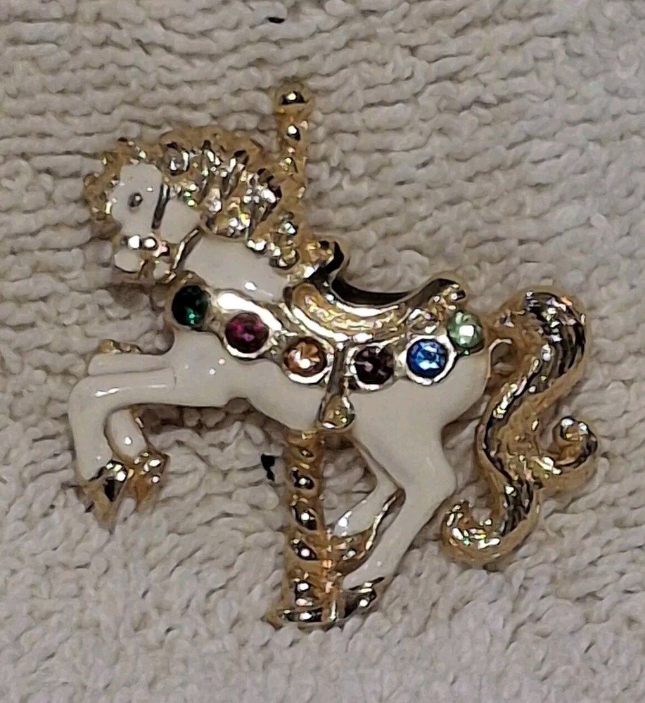 Vintage Carousel Horse Brooch Pony Pin Rhinestone Gold Tone Fashion Jewelry