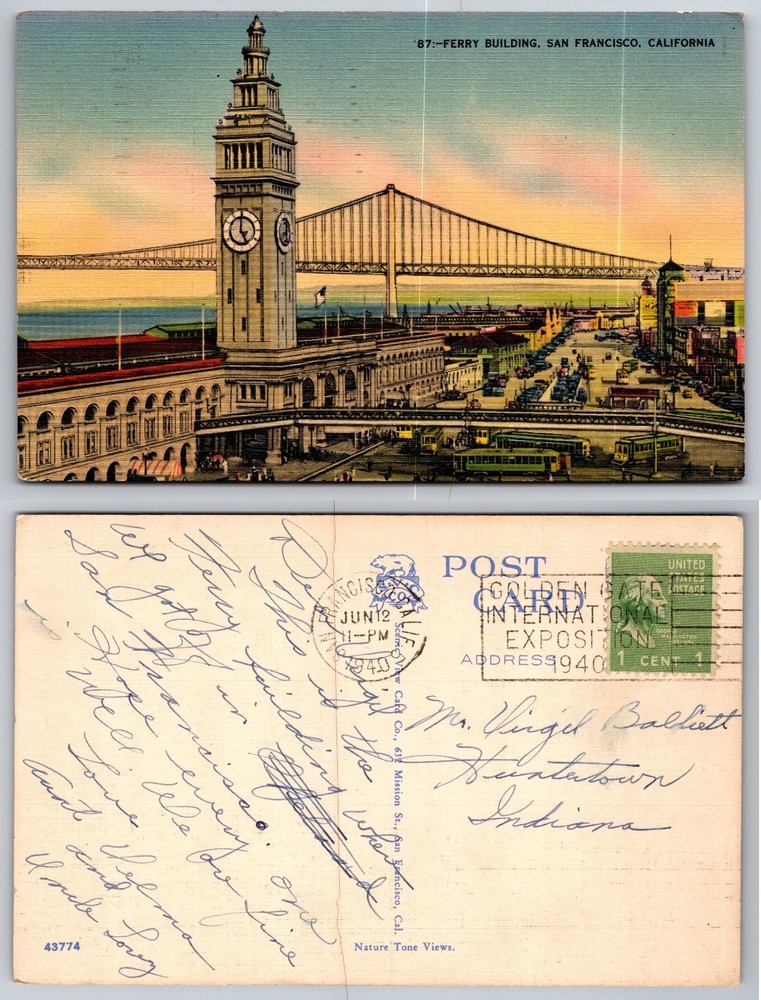 1940 San Francisco Ferry Building Bay Bridge Linen Postcard Posted