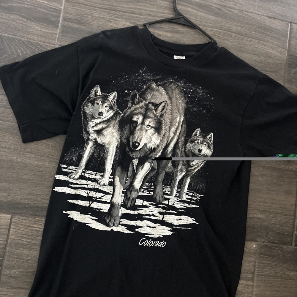 Vintage 90’s Fruit of the Loom Wolf Graphic T-Shirt L Black Single Stitch