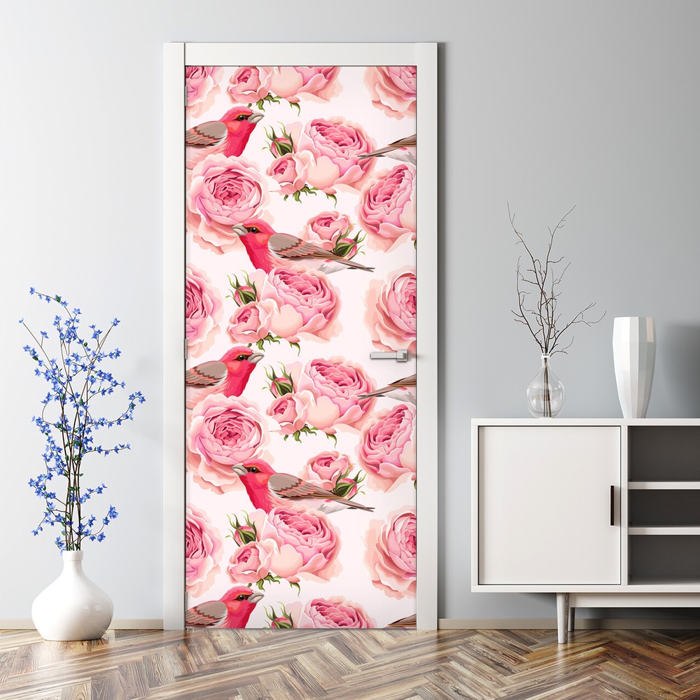 Pink and White Floral Birds Bubble-Free Door Decal for Home Decor