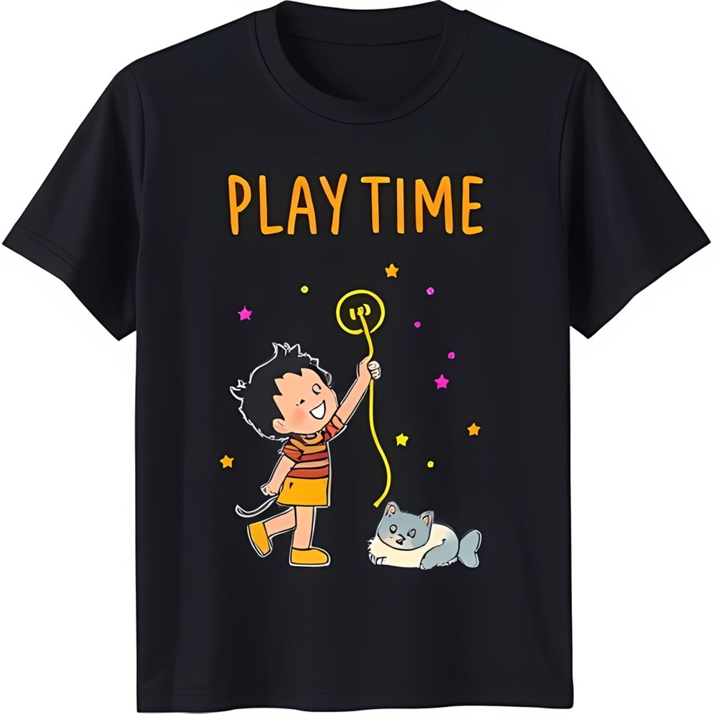 Black T-Shirt with 'PLAY ' Graphic Cartoon & Light Bulb Design