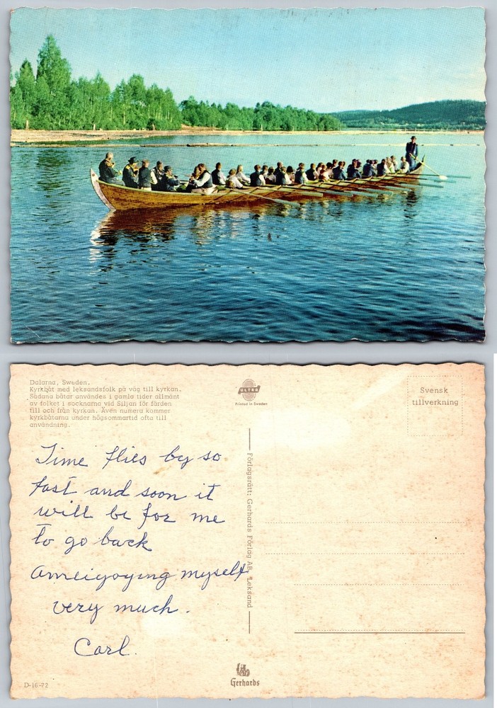 Vintage Dalarna Sweden Church Boat Leksand Siljan Lake Postcard 1972