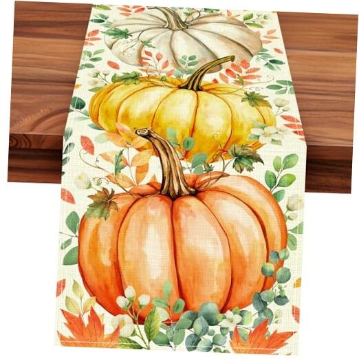 Pumpkin Eucalyptus Leaves Fall Table Runner, Autumn 13x72 inches Pumpkin 1