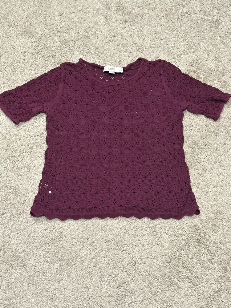 Loft Womens Shirt Petite Size Small Red Open Knit Lightweight Short Sleeve