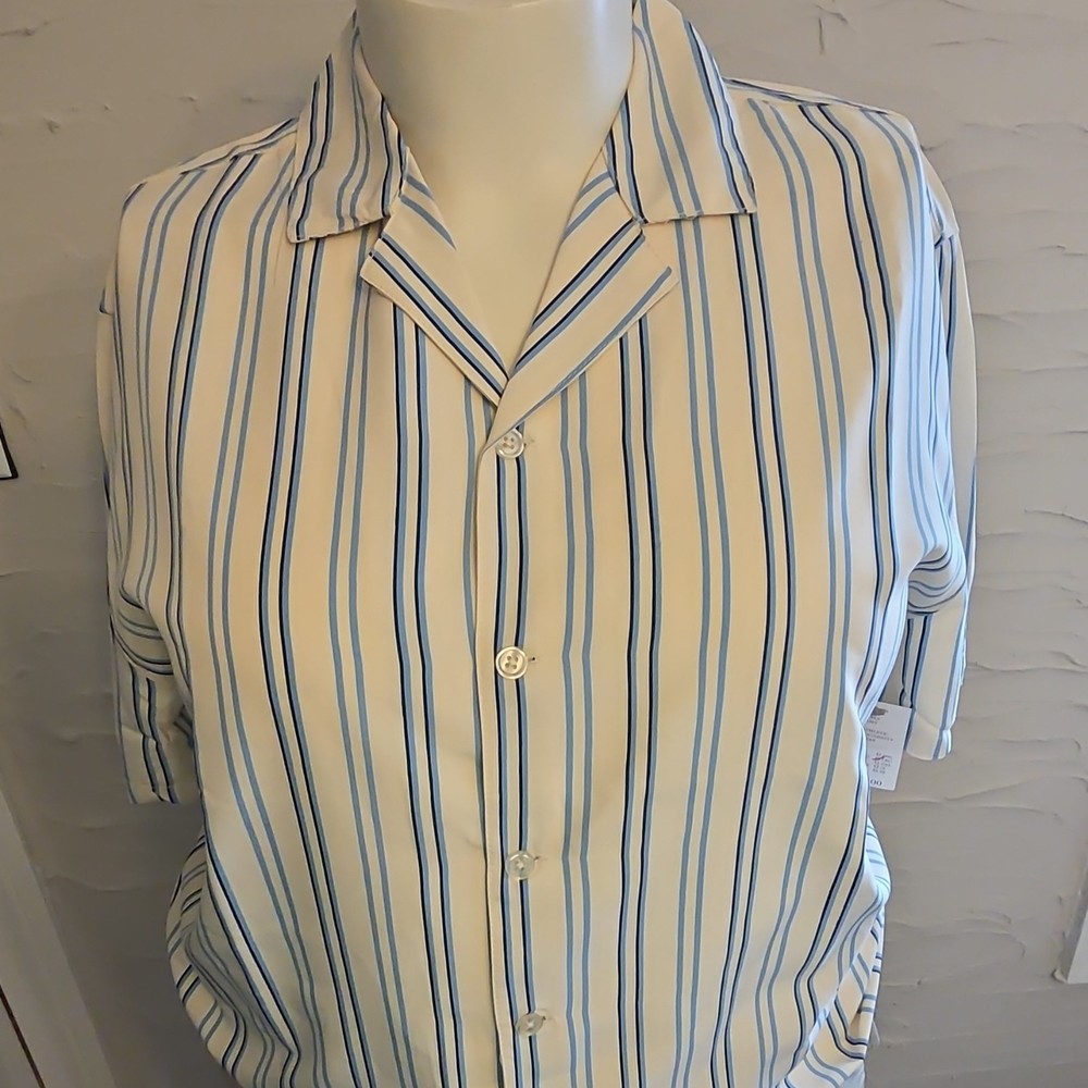 Birch Black Striped Women's Blue White Button Collared Blouse Short Sleeve L