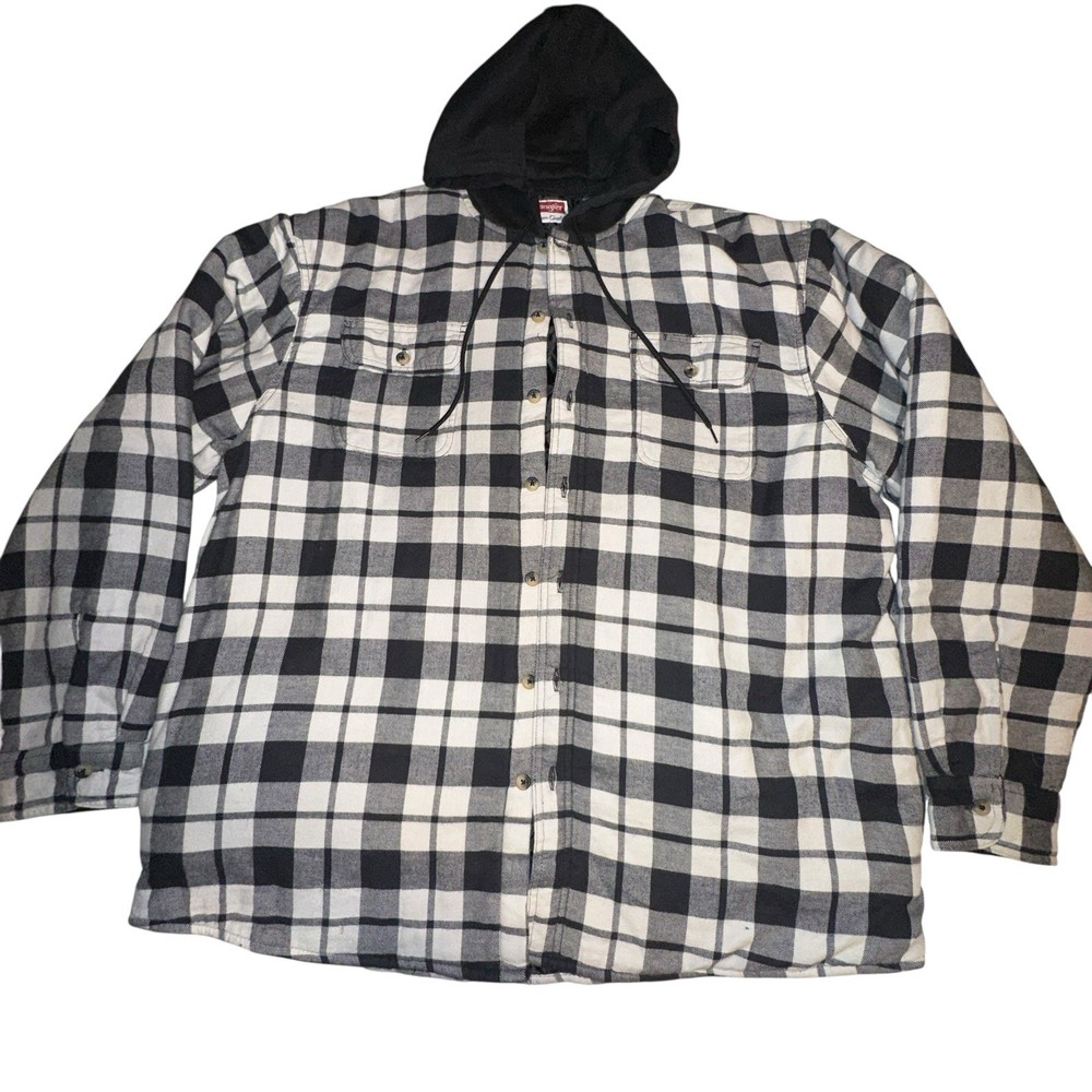Wrangler Mens XL Black Plaid Quilted Hooded Flannel Work Jacket