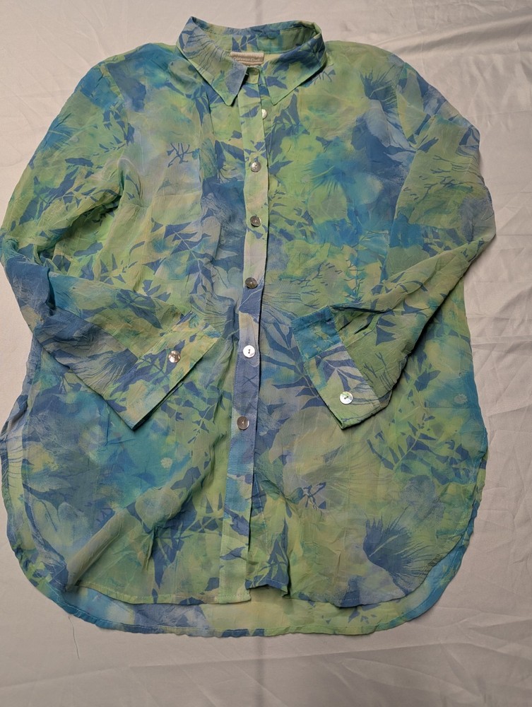 COLDWATER CREEK Green / Blue Floral Sheer Crinkle  Button Blouse L Tunic