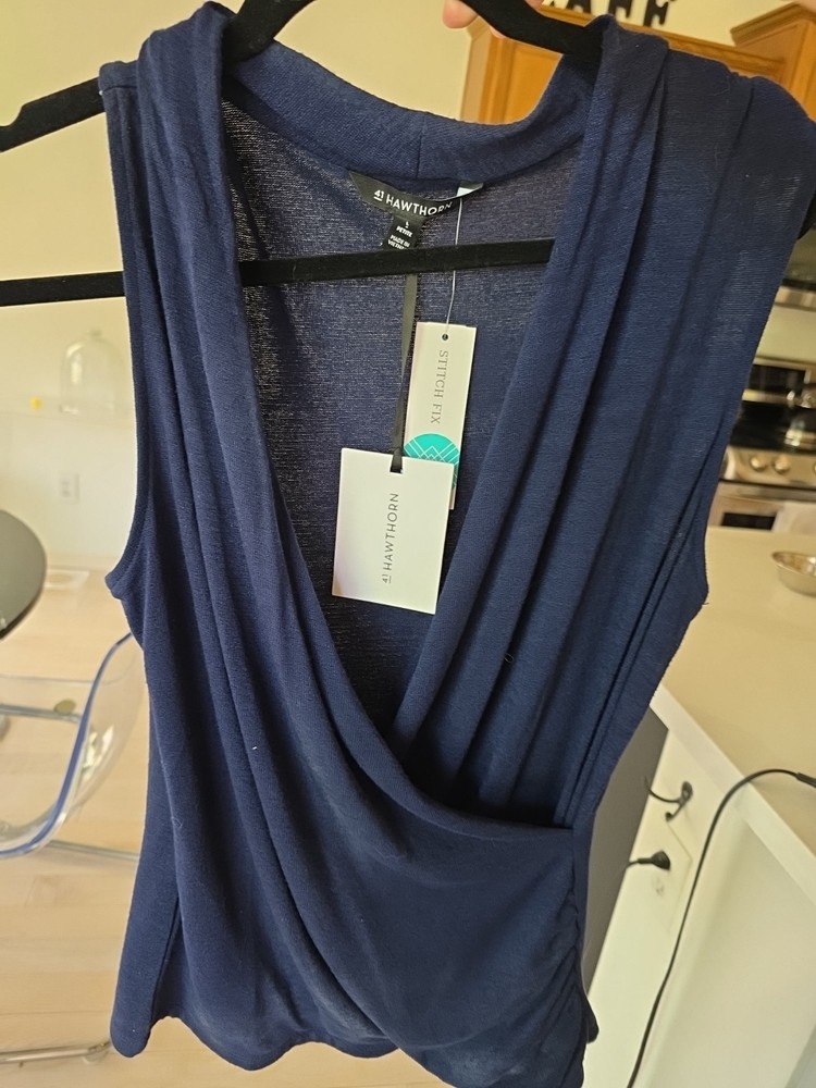 NEW Hawthorn Navy Knit Sleeveless Faux  Wrap Top Size L