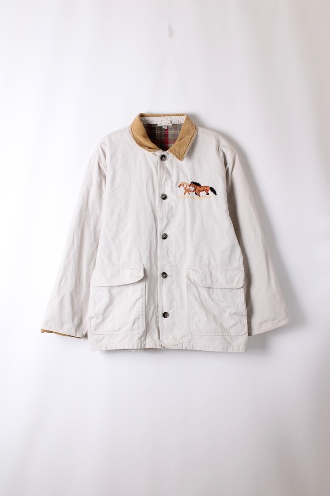 Vintage Hunting Jacket Chore Coat Canvas Beige Embroidered Large