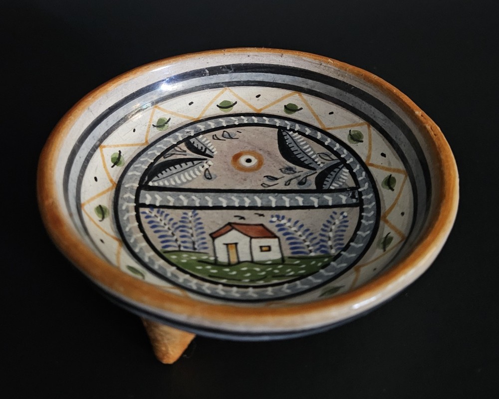 Mexican Folk Art Footed Pottery Trinket Dish Tonala Mexico Hand Painted Vintage