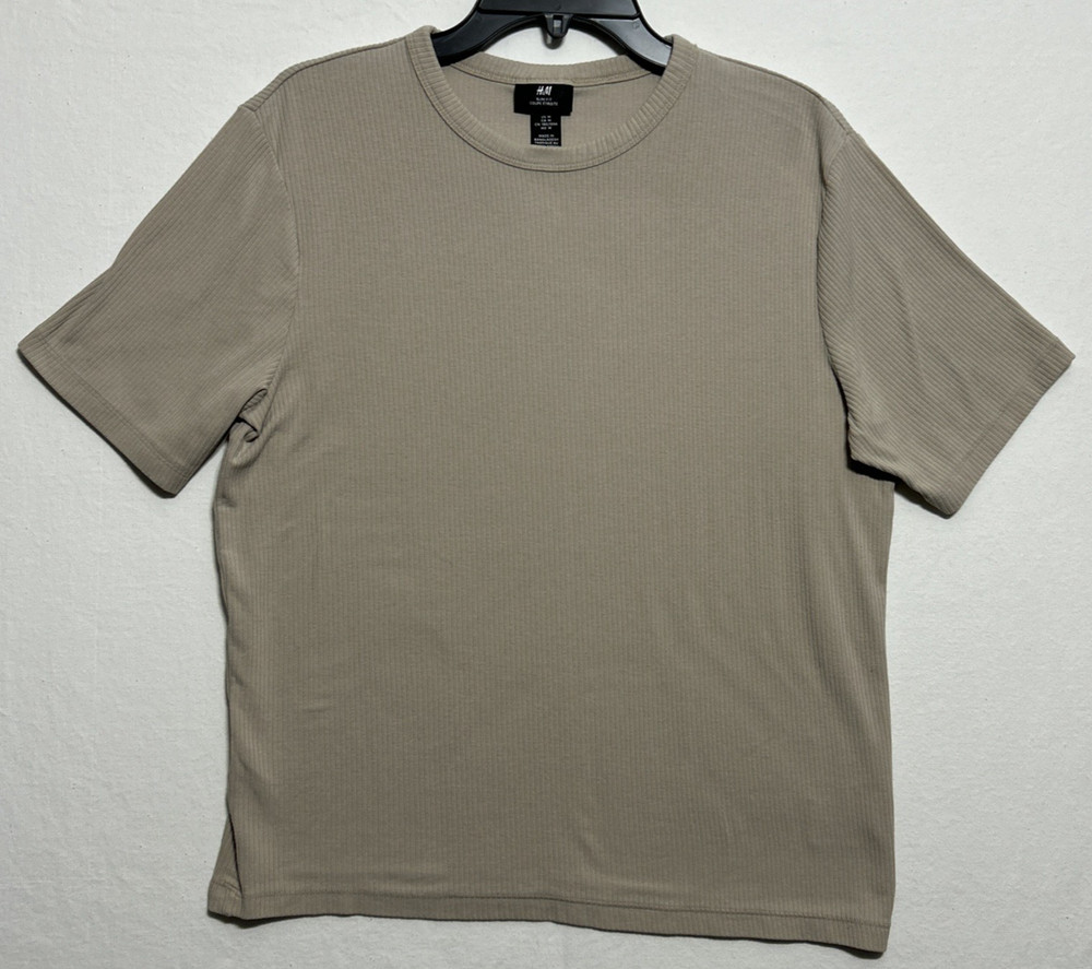 H&M Men's Slim Fit Medium Light Brown Vertical Textured Short Sleeve Shirt