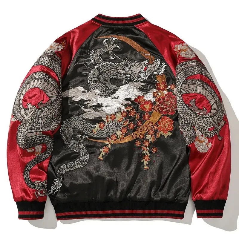 Mens Japanese Pattern Embroidery Bomber Dragon Tattoo Sukajan Fashion Jacket