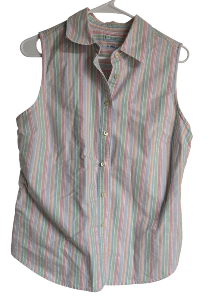 Vintage LL Bean Button Up Sleeveless Colorful Pastel Oxford Stripe Blouse Top M