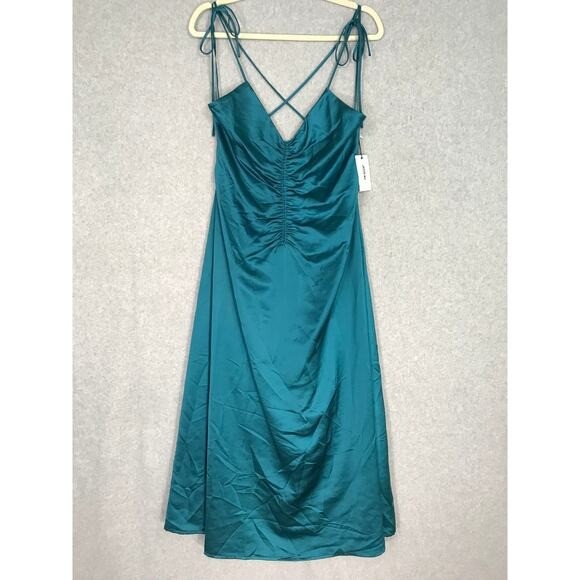 Jason Wu Midi Slip Dress Large Teal Satin Ruched Strappy Silky Criss Cross Back