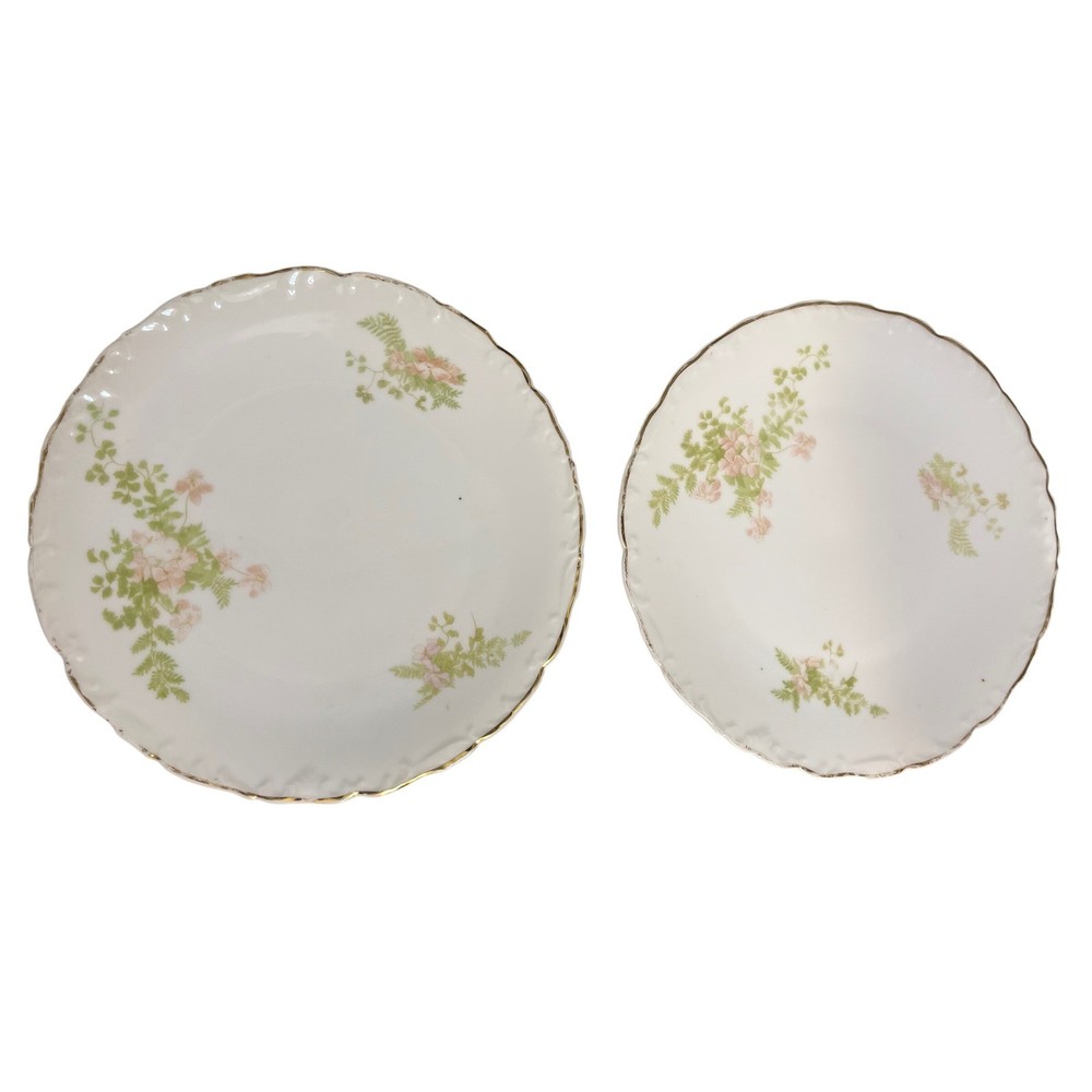 Vintage Floral Plates Set of 2 Scalloped Gold Rim Pink Green Botanical