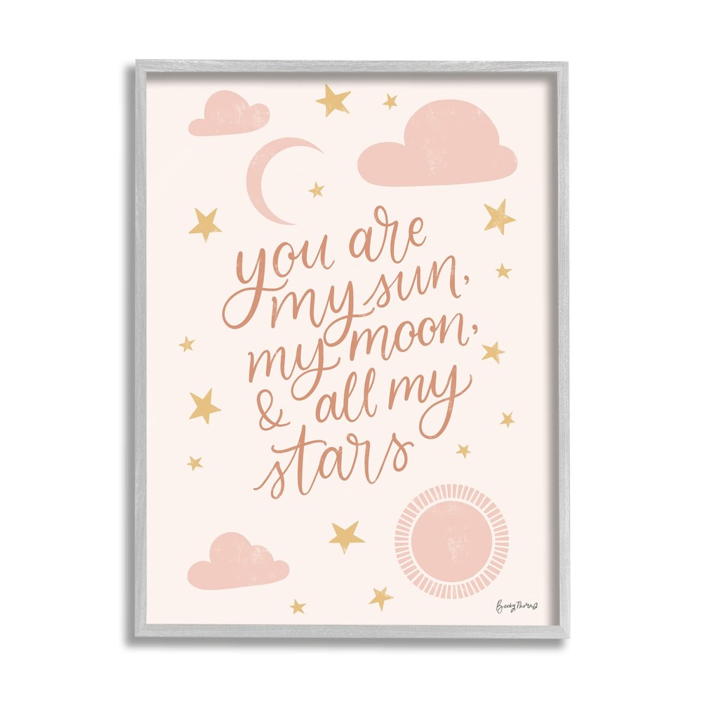 My Sun Moon and Stars Children's Pink Sky Grey Framed Wall Art, 24 x 30, Beige