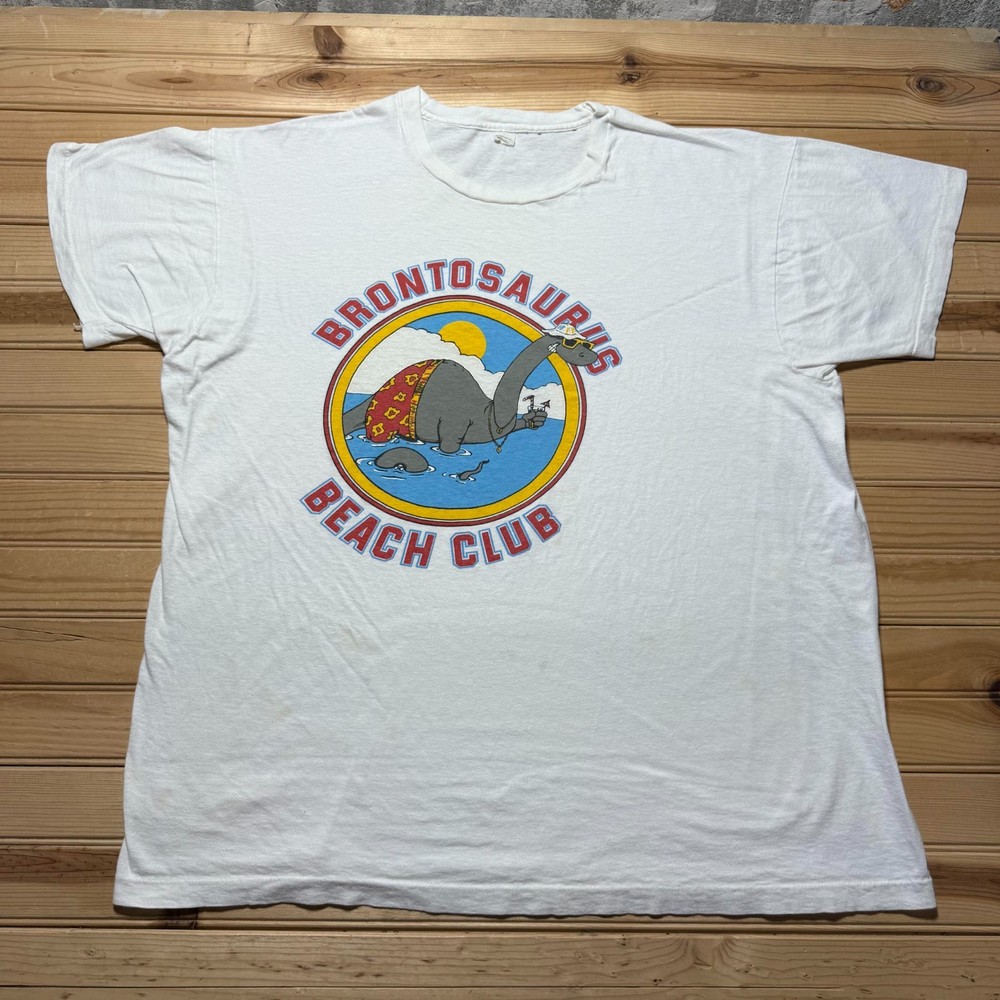 Vintage 80s 90s Brontosaurus Beach Club Dinosaur Summer Funny T-Shirt - Size XXL