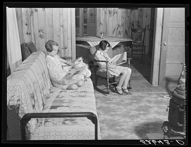 Photo:Girls Reading in Cabin Interior 1930s Wood Paneled Room