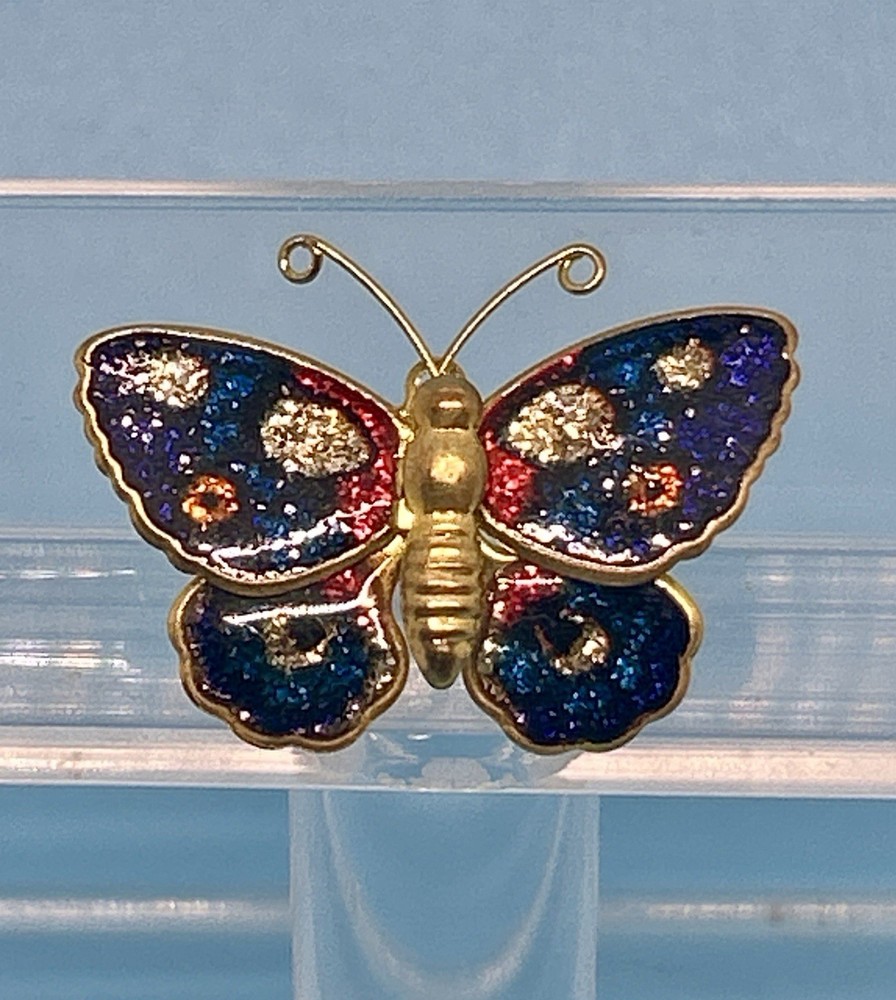 Vintage Glitter Enamel Butterfly Brooch Pin Gold Tone Colorful 1970s