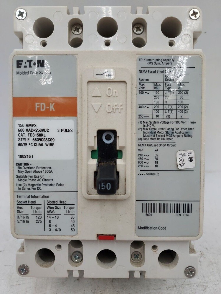 EATON CH FD3150KL Circuit Breaker 150A 3P 600V FD-K 150 Amp 3 POLES BOLT ON Used