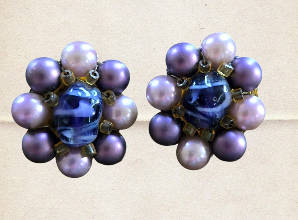 Vintage 1950s Purple Cluster Glass Bead Center Clip On Earrings Next Day Ship