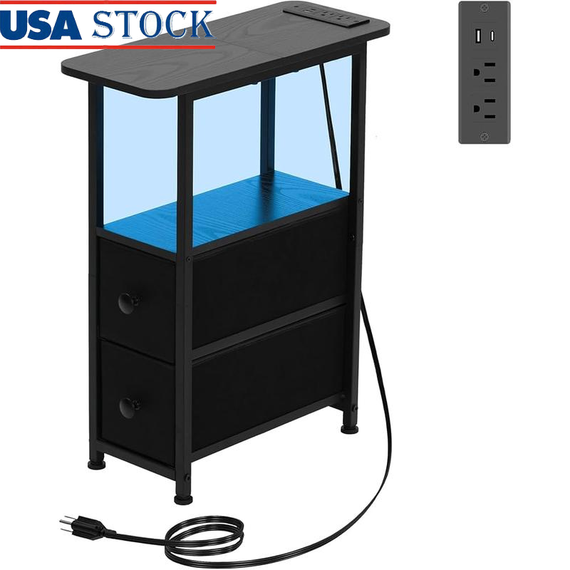 Charging Station End Table W/ LED Light Slim Nightstand Storage Small Spaces New