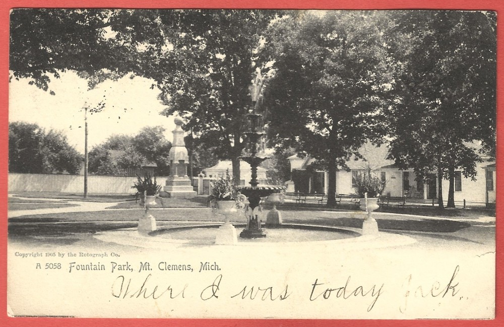 FOUNTAIN PARK, MT. CLEMENS, MICHIGAN – c. 1907 UDB Postcard - Rotograph Co.
