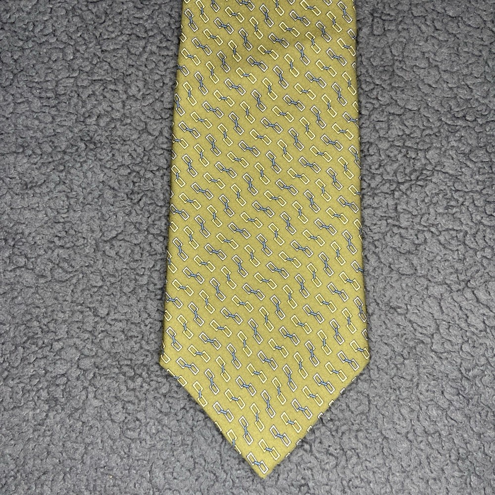Brooks Brothers Makers Olive Green Geometric Chain Print Silk Tie USA Made