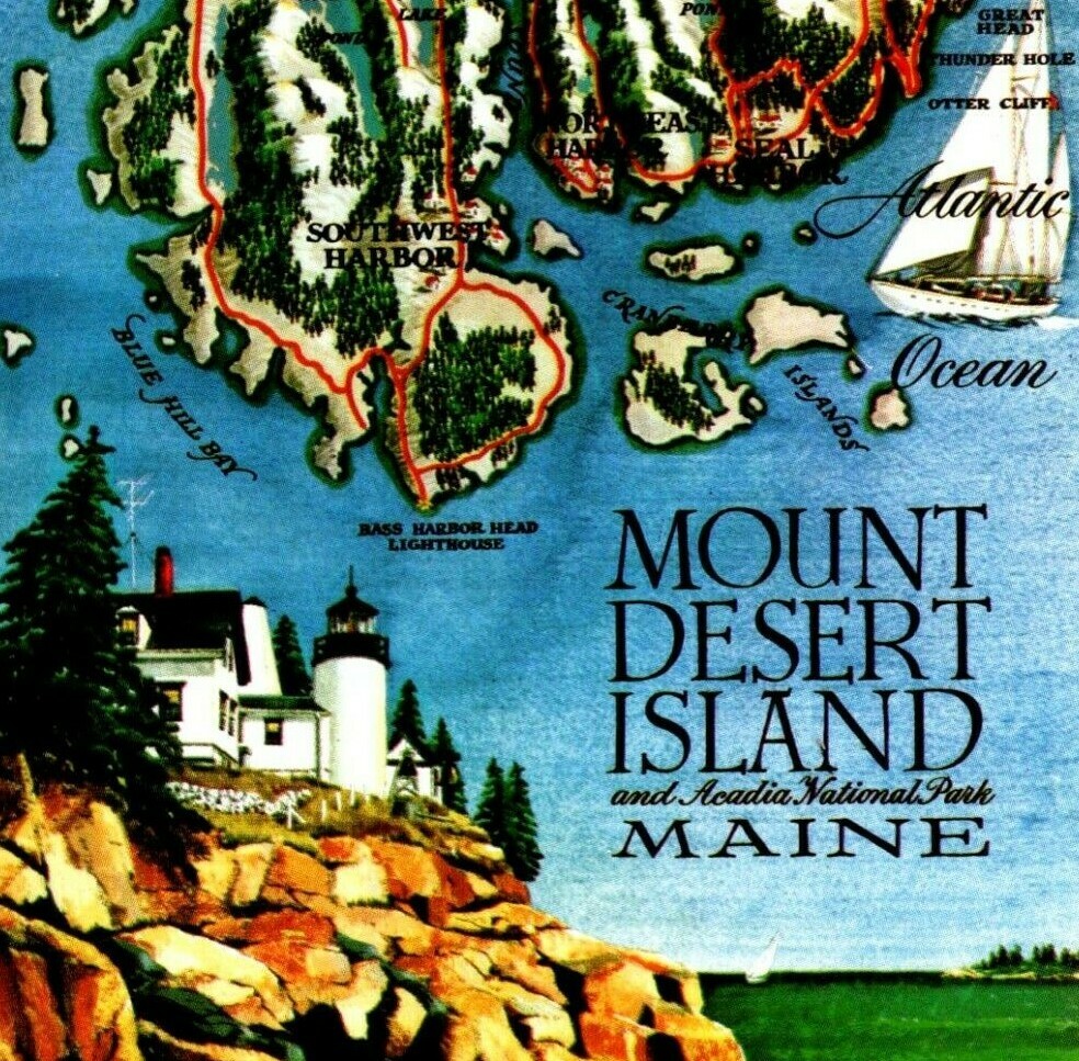 Mount Desert Island Acadia National Park Postcard Lobster Map Lighthouse Maine-image