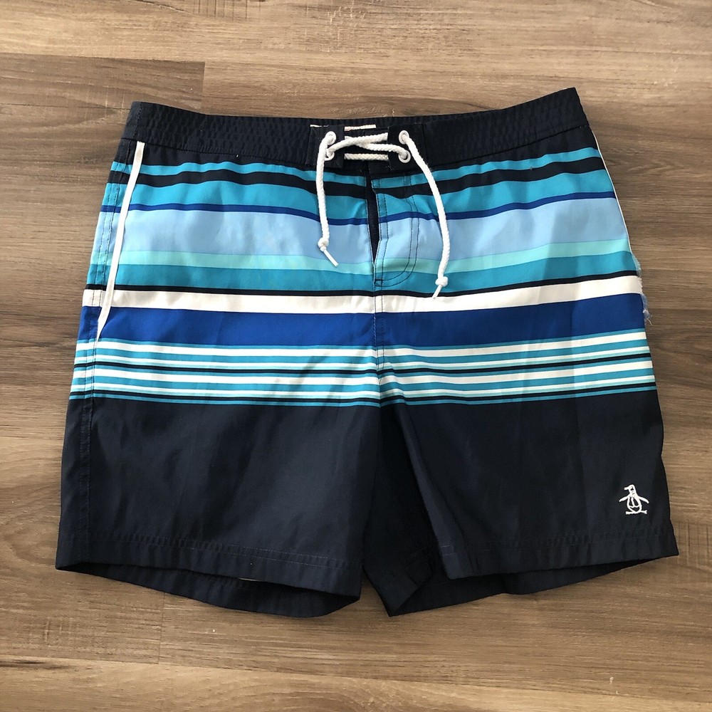 Original Penguin Blue Stripe Swim Trunks Men Size 33