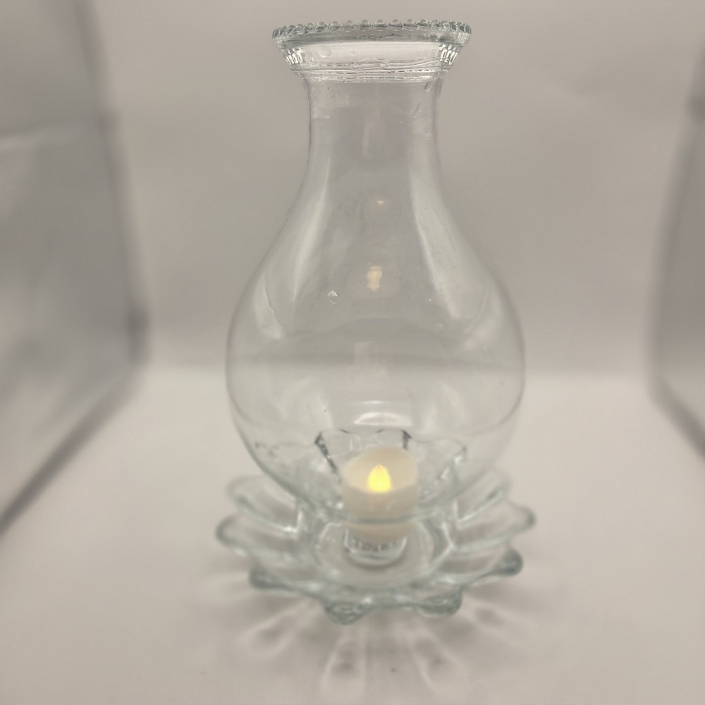 Vintage Clear Glass Hurricane Candle Lamp Beaded Rim Scalloped Base 10