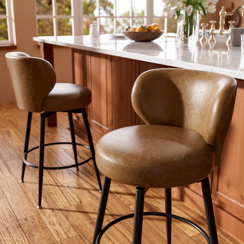 Set of 2 26” Counter Height Bar Stools Swivel PU Leather Chairs with Backrest BN
