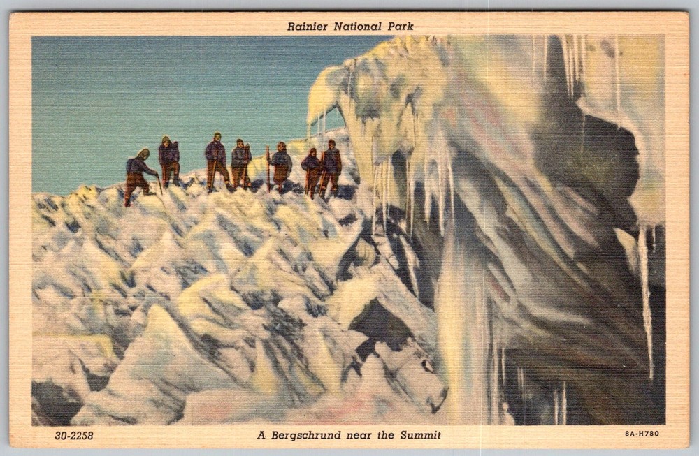 Vtg Linen Postcard Bergschrund Rainier National Park, WA 1930s