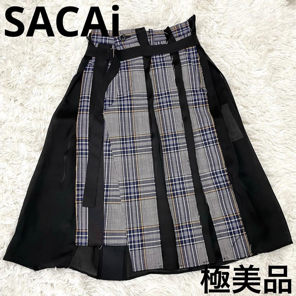 Sacai Black Wool Check Pleated Knee-Length Skirt S Excellent Condition