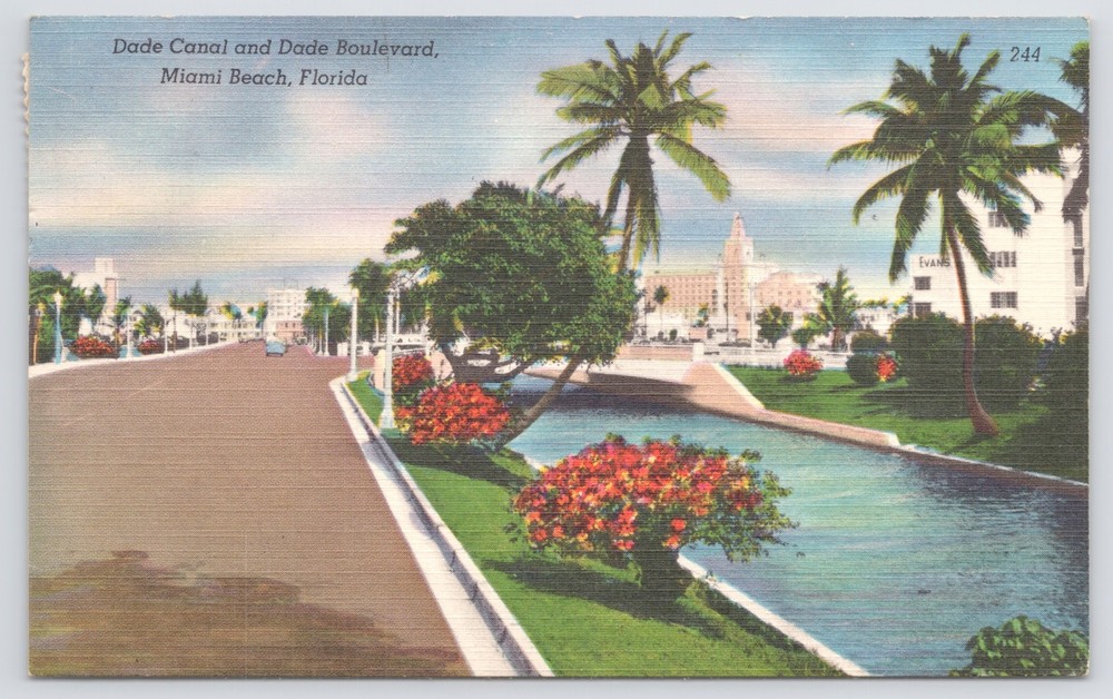 Linen~Dade Canal & Dade Boulevard Miami Beach Florida~Vintage Postcard