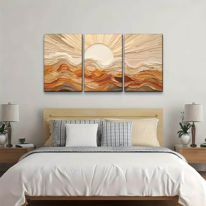 3pcs Boho Abstract Sun Mountain Forest Nature Scenery Canvas Unframed-image