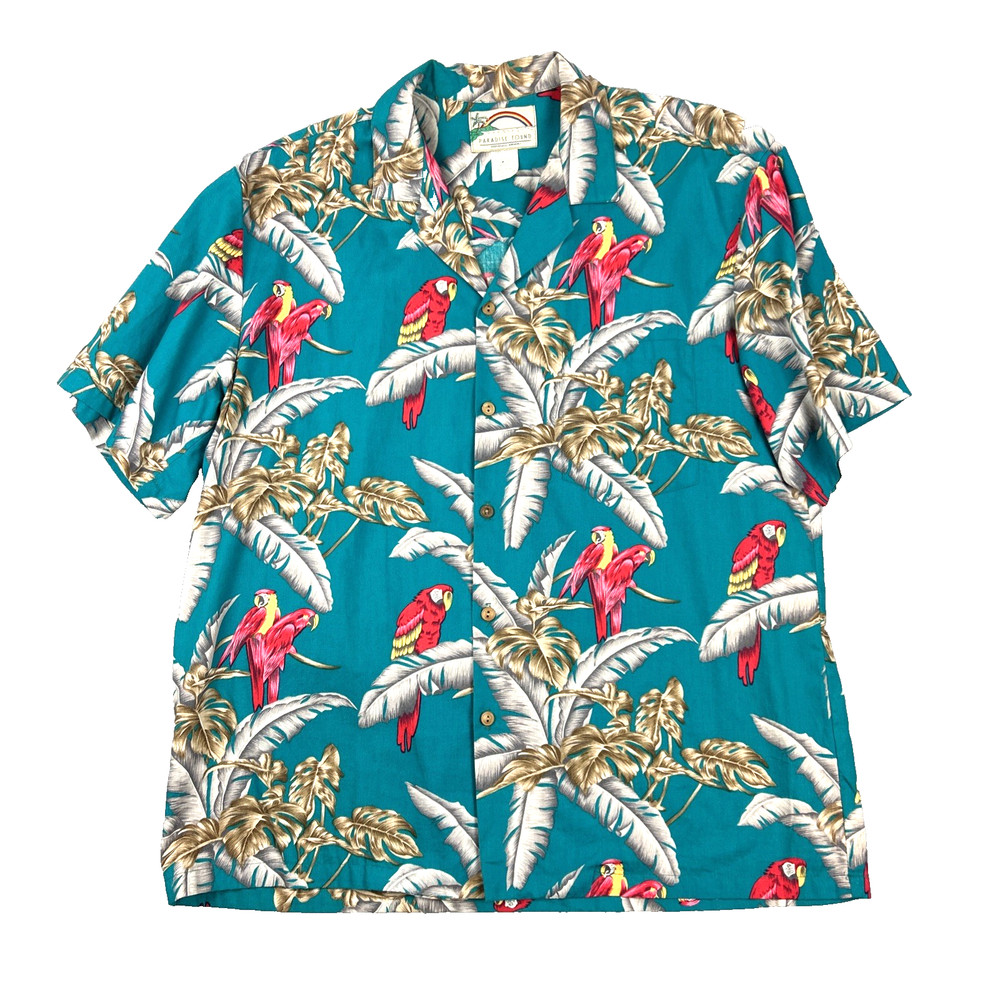 Vtg Paradise Found Shirt Mens L Jungle Bird Hawaiian Parrot Tropical Teal Magnum