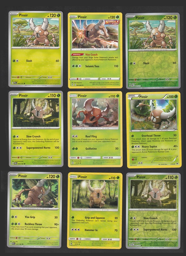 Pinsir Pokemon Card Collection Set of 9 English Cards Rare Grass Type Rev Holo