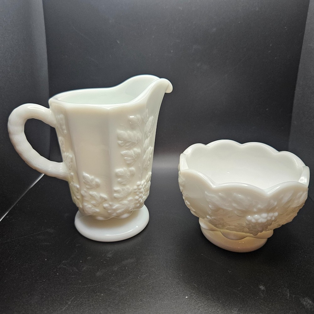 Vintage Westmoreland Milk Glass Grape Vine Creamer & Sugar Bowl Pedestal Set WG