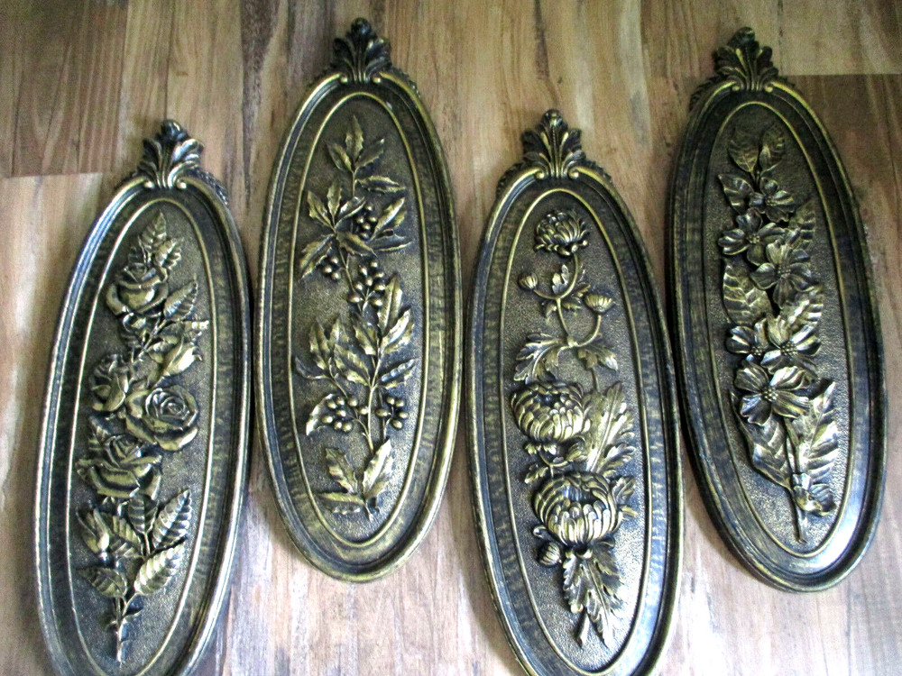 VTG 4 Seasons Syroco Floral Wall Plaques Hollywood Regency MCM Molded Plastic