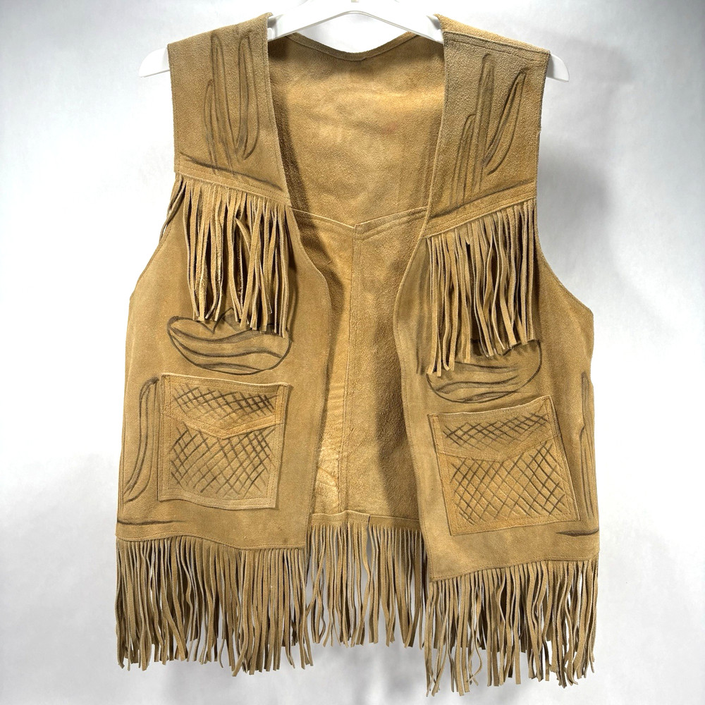 VTG Western Mexican Suede Leather Pyrography Art Handmade Fringe Brown Vest