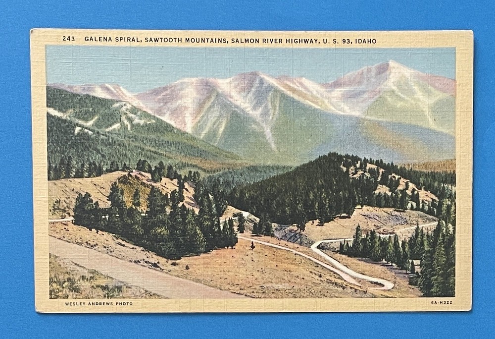 Galena Spiral Sawtooth Mountains Idaho UNUSED Linen Postcard Salmon River Hwy￼