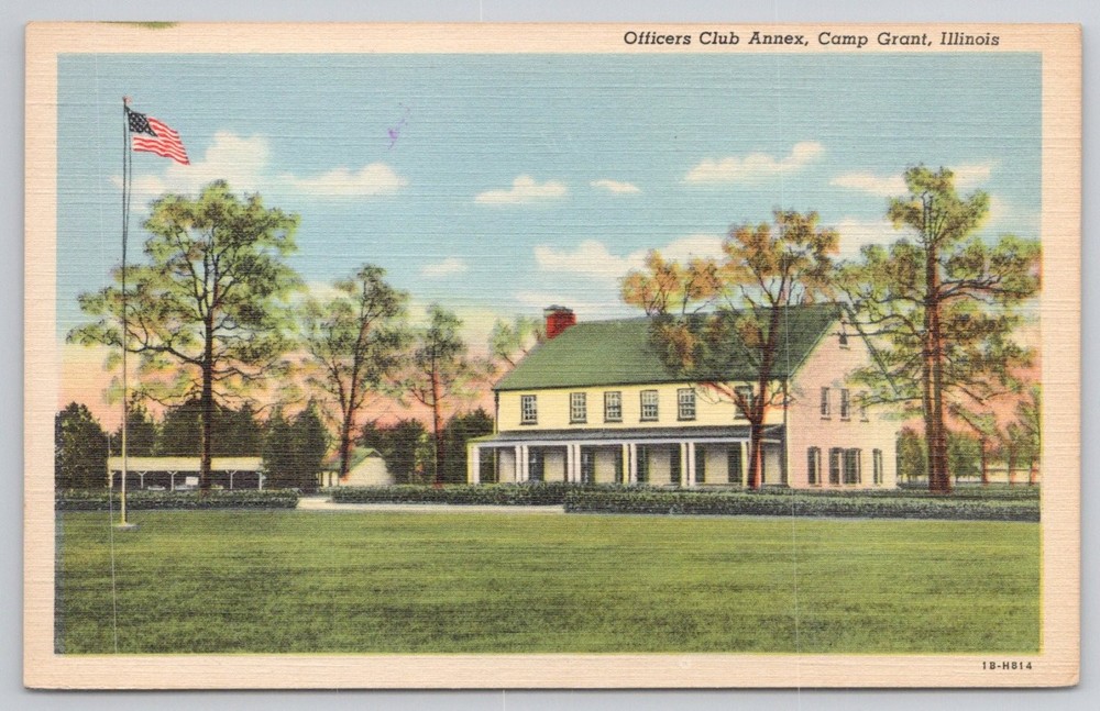 Camp Grant Illinois Officers Club Annex US Flag Linen Postcard Curteich