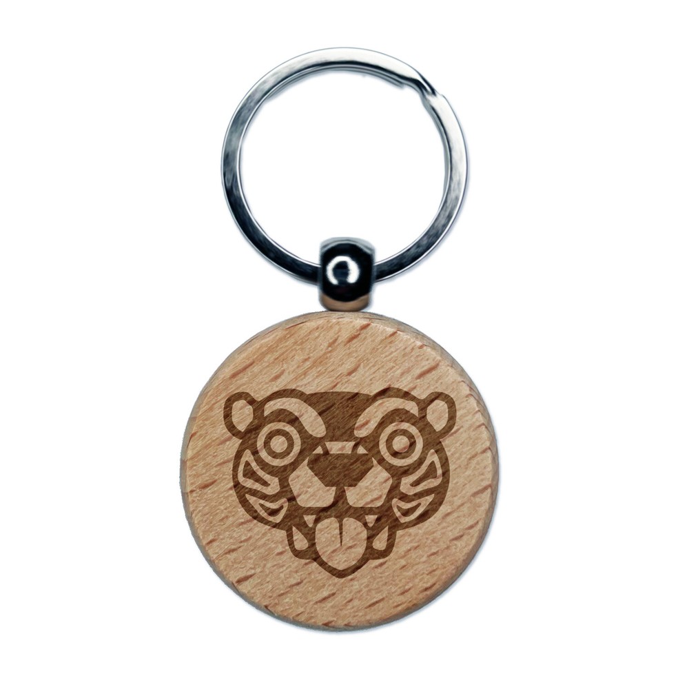 Wild Tribal Bear Face Engraved Wood Round Keychain Tag Charm